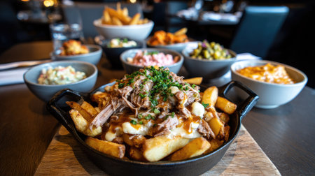 An overhead shot displays a variety of food items arranged on a table. The central focus is a bowl of fries, meat and sauce. Surrounding the main dish are smaller bowls with diverse side dishes. The composition is well-lit, suggesting an indoor restaurant environment, and suitable for commercial use.の素材