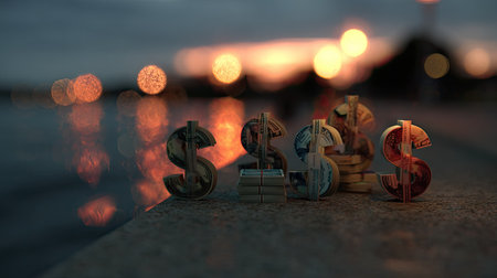 The image showcases several dollar signs crafted with a textured appearance, arranged on a surface reflecting soft light. The composition features a shallow depth of field, with a blurred background exhibiting warm bokeh. It suggests a financial context, suitable for visual content related to money or investments.の素材