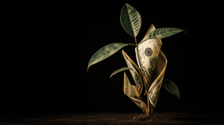 A close-up captures a dollar bill sprouting green leaves, set against a dark backdrop. The composition features soft lighting, highlighting textures and colors of the paper and foliage. This conceptual image may be used for a wide range of topics, including finance, economics, investments, and growth, in commercial and editorial projects.の素材