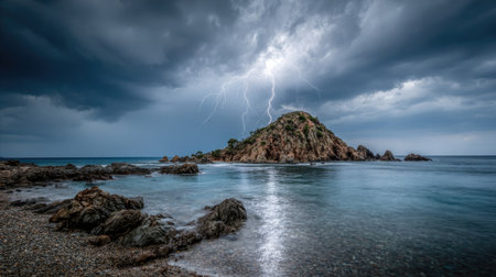 A dramatic seascape showcases a rocky island illuminated by a flash of lightning. Dark, ominous clouds dominate the sky, contrasting with the calm water. The scene features a naturalistic composition with soft textures and a cool color palette, suitable for editorial and commercial use, conveying themes of nature and power.の素材