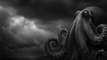 An artistic monochrome illustration showcases an octopus silhouetted against a dramatic sky. The contrast between the animal and the cloudy background creates a compelling visual. This image utilizes a high contrast style, and it could be suitable for various editorial and commercial applications. The scene appears to take place outdoors under a dark sky.の素材