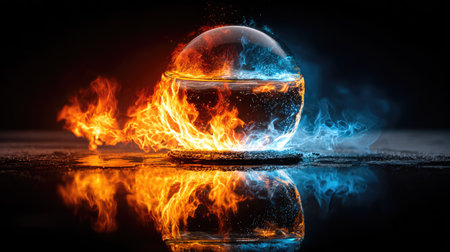 An artistic representation presents a sphere divided, showcasing contrasting elements. One side is engulfed in flames with fiery hues, while the other features cool blue tones resembling water. The composition is striking against a dark background, suggesting conceptual applications. The artwork is suitable for various commercial or editorial uses.の素材