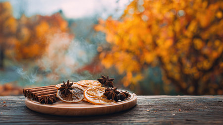 A wooden plate displays dried citrus slices, star anise, and cinnamon sticks. The arrangement sits on a wooden surface with a backdrop of blurred autumnal foliage in warm hues. The composition uses natural light and a shallow depth of field. Suitable for illustrating themes of fall, cooking, or seasonal decor for various applications.の素材