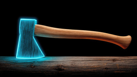 An axe featuring a neon blue outline around the metal head rests on a wooden surface against a dark background. The axe has a wooden handle, and the image showcases a contrast of light and shadow, with a focus on texture and form. Suitable for various design projects and commercial applications.の素材