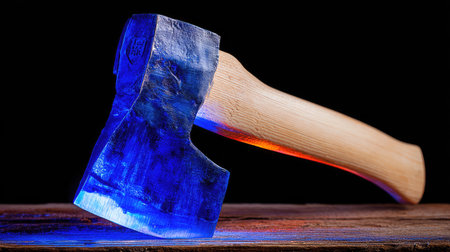 An axe featuring a wooden handle and a blue blade rests on a wooden surface against a black backdrop. The composition showcases detailed textures and a focus on the object. The lighting creates highlights and shadows. This image is suitable for various commercial applications.の素材