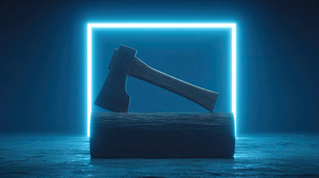 An axe rests upon a wooden log, the primary subjects of this image. It is presented against a dark, minimalistic backdrop with a glowing blue neon square, creating contrast. The composition highlights the subjects with a focus on geometric shapes and modern lighting techniques. Suitable for commercial and editorial purposes.の素材