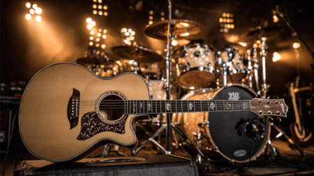 An acoustic guitar sits prominently in the foreground, with a drum kit and stage lighting in the background. Warm, golden tones illuminate the scene, casting shadows and creating depth. The composition focuses on musical instruments, suggesting performance or recording. The image is suitable for various commercial or editorial uses related to music and entertainment.の素材