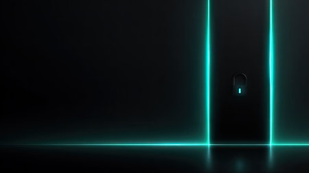 An abstract composition features glowing turquoise neon lines against a dark background, creating a futuristic ambiance. The design incorporates minimalist elements, suggesting a digital or technological theme. The overall aesthetic is dark, with highlights from the neon, potentially suitable for various commercial uses.の素材