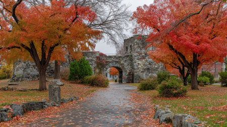 An outdoor scene showcases a stone archway amidst trees with vibrant red foliage. The composition features a pathway leading towards the arch, enhanced by autumn leaves. The image presents a blend of natural elements and architectural features, suitable for various editorial and commercial applications. The lighting suggests a cloudy day enhancing the colors.の素材