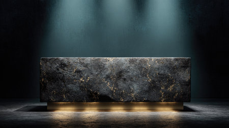 An impressive marble countertop is the focal point, bathed in dramatic lighting against a dark backdrop. The texture showcases variations of grey and gold. The composition implies a product display or presentation space. This setting could be suitable for various commercial or editorial applications.の素材
