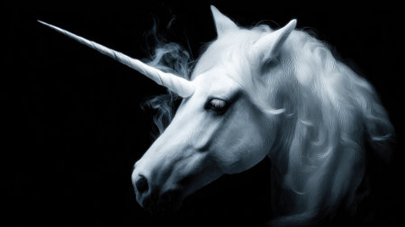 A graceful white unicorn is captured in a striking profile against a dark background, its horn sharply defined. The image showcases detailed textures and a dramatic use of lighting. This artistic representation could be suitable for illustrations, fantasy designs, or various commercial projects seeking a magical element.の素材