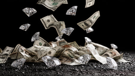 The image features falling dollar bills and diamonds against a black background. The composition shows dynamic movement, with currency and gems scattered. The lighting highlights the textures and shapes of the objects. Suitable for various commercial applications representing finances, investments, or prosperity.の素材
