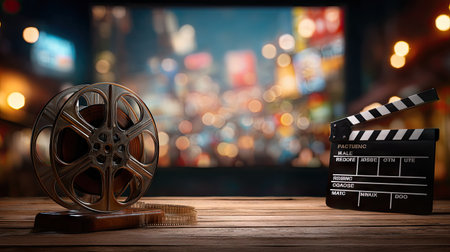 A film reel and clapperboard are placed on a wooden table in front of a blurred background suggesting a movie theater. Warm lighting and a shallow depth of field create a vintage atmosphere. The composition focuses on cinematic elements, suitable for illustrating the film industry. The image could be used in various commercial applications.の素材