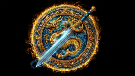 An artistic depiction presents a golden dragon and a silver sword superimposed on an ornate, circular shield. The illustration features vibrant blue and gold hues. A glowing halo surrounds the shield against a solid black background. Suitable for various design projects and creative content, this image can be used in numerous commercial applications.の素材