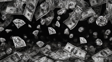 This image features numerous diamonds and dollar bills seemingly suspended in mid-air against a black backdrop. The composition showcases a high-angle perspective, creating a sense of abundance and dynamic movement. It could be used in various commercial applications, such as illustrating financial success or wealth.の素材