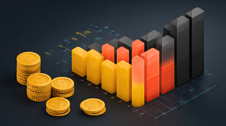 An illustration depicts a financial growth chart composed of rectangular bars in various colors alongside stacks of gold coins. The composition utilizes a dark background to enhance the visual impact of the vibrant graphics. This image could be used for articles, presentations, or advertisements related to finances and investment.の素材