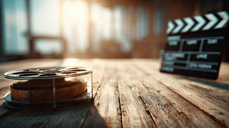 A film reel and clapperboard are placed on a weathered wooden surface, possibly indoors. Warm sunlight streams into the scene, illuminating the textures of the wood and the details of the objects. The composition suggests themes of filmmaking and visual media, suitable for various commercial or editorial uses.の素材