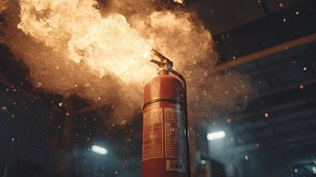 A fire extinguisher is shown discharging a large burst of flames in an interior setting. The image features a predominantly orange and red color palette, with visible smoke and debris. The composition highlights the dramatic moment of an emergency. This image could be suitable for articles related to safety.の素材