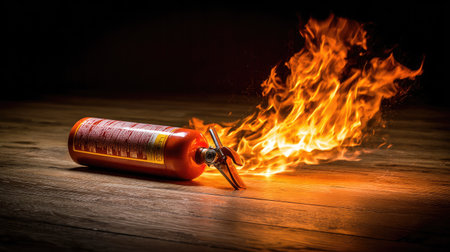 An image displays a red fire extinguisher on fire, with bright flames erupting to the right. The extinguisher rests on a wooden surface, set against a dark backdrop. The composition features strong lighting that highlights the flames. Suitable for illustrating safety, danger, or emergency concepts, and for a variety of commercial uses.の素材