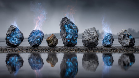 Several rocks are arranged in a line reflecting on the water below them. The rocks have a rugged texture and a gray hue, with bursts of blue light emanating from them. The composition features a naturalistic setting, possibly outdoors at dusk. This image is suitable for various commercial uses.の素材