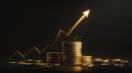 Golden coins are stacked against a dark backdrop with an illuminated upward arrow. The image showcases a financial concept, possibly representing investment or profit. The composition is simple, with focus on the metallic texture and the contrasting light. Suitable for use in financial articles, advertising, or related editorial contexts.の素材