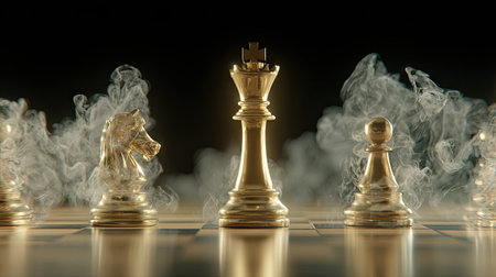 Chess pieces are displayed on a checkered board against a dark background with smoke. The golden pieces suggest high value and strategy. The lighting is focused, highlighting the details and creating depth. Suitable for illustrating concepts of competition, planning, and other commercial uses.の素材