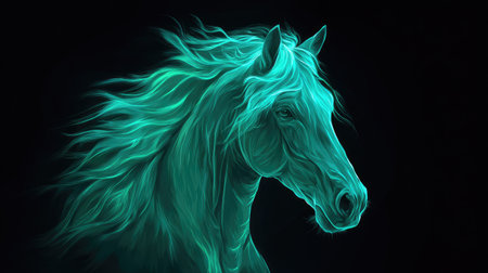 An ethereal artwork presents a horse head silhouette illuminated with a glowing teal hue against a black backdrop. The image utilizes digital art techniques, creating a mystical and dreamlike effect. The composition likely is suitable for various editorial and commercial projects, providing visual interest.の素材