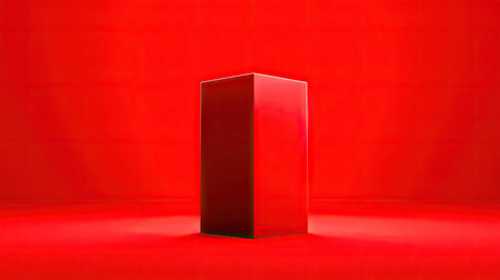 A single, glossy red cube is centrally positioned against a uniform red backdrop in a studio environment. The composition features soft lighting, highlighting the cube's reflective surface. This visual presentation, which showcases simplicity, might be used in marketing materials or graphic design projects.の素材