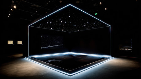 A dark interior showcases a geometric light frame, suggesting a modern exhibit space. The design features bright white lines against a black background, creating a sense of depth and contrast. The composition highlights lines and angles with a minimalist style. Suitable for commercial projects.の素材