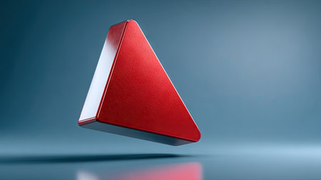 A vibrant red triangular shape levitates against a gradient blue backdrop. The object has a metallic appearance. The composition features soft lighting and reflections, suggesting a digitally created environment. This image is suitable for a variety of uses, including website design, advertising visuals, and conceptual illustrations.の素材