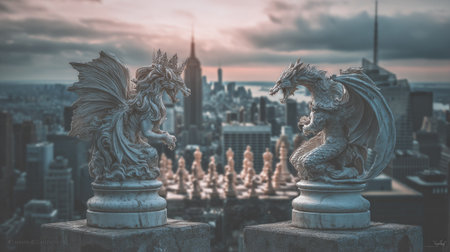 Two ornate gargoyle statues stand in silhouette against a hazy cityscape. The statues, with detailed wings and bodies, appear to be made of stone. The overall composition is a low-angle shot, illuminated by soft, diffused light, suggesting a sunset or dusk scene. Suitable for a wide range of editorial and commercial uses.の素材