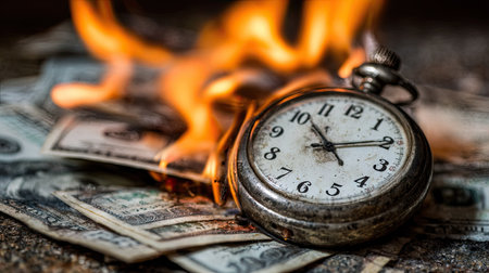 A pocket watch sits atop burning currency, set against a dark backdrop. Flames surround the watch and money, highlighting the concept of wasted time and financial instability. The composition features high contrast and selective focus, suitable for illustrating economic themes, deadlines, and deadlines.の素材
