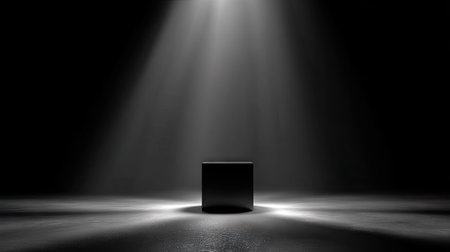 A single, black cube is illuminated by a focused spotlight against a dark background, creating a dramatic and minimalist composition. The lighting casts strong shadows, enhancing the cube's shape and texture. This image, with its clean design, is suitable for various commercial purposes, including product presentations or conceptual projects.の素材