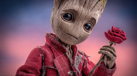 A cartoon character with a wooden-like texture is depicted holding a red rose. The character is wearing a red jacket. The composition features a blurred background of pink and blue hues suggesting a sunset or sunrise. The image has potential uses in various editorial and commercial projects.の素材