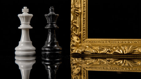 The image presents a composition featuring chess pieces and a decorative frame against contrasting black and gold backdrops. A white king and a black queen stand side by side, their reflections adding symmetry. The golden frame hints at an artistic setting. This could be useful for conceptual designs or illustrative projects.の素材