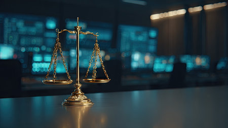 A close-up shot features a golden justice scale set on a reflective surface. The image exhibits a blurred background of computer monitors creating a cool ambiance. The lighting suggests an interior setting with possible applications in legal or law-related themes. This image is suitable for various commercial uses.の素材