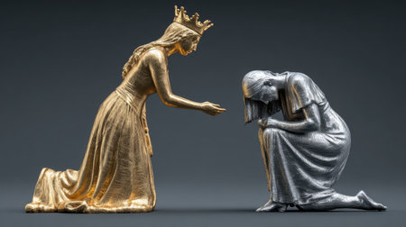 This image features two statues, one golden and one silver, representing a queen and a kneeling figure. The composition showcases detailed sculpting with a focus on form and texture. Set against a dark backdrop, the lighting accentuates the figures. Suitable for editorial and commercial projects, the image can be used to illustrate concepts such as assistance and hierarchy.の素材