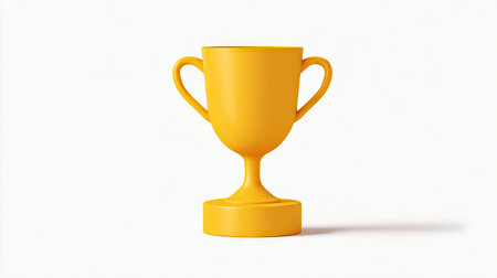 A gold trophy cup is centered on a white backdrop, demonstrating concepts of victory. The image presents a minimalist style with uniform lighting emphasizing the object's shape and color. This design is suitable for illustrating success, achievement, and awards, finding applications in various commercial contexts.の素材
