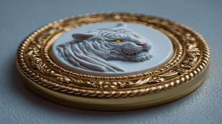 This image features a detailed cameo of a tiger, set within an ornate gold-colored frame. The tiger, rendered in white relief, is the central subject against a pale background. The image's composition highlights the textures and delicate craftsmanship. This image could be suitable for various design projects and commercial applications.の素材
