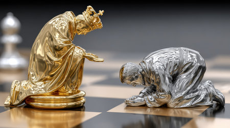 Two chess pieces, a golden king and a silver pawn, are posed on a checkered board. The king is kneeling, offering a hand, while the pawn bows in front. The composition uses shallow depth of field, with soft lighting and a neutral background. Suitable for conceptual illustrations, articles, and various commercial projects.の素材