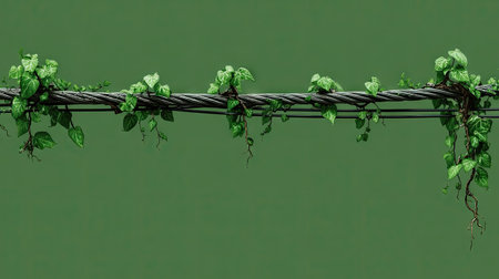 Green vine plants with small leaves grow along a dark wire against a solid green background. The composition shows the contrast of the natural organic shapes against the artificial wire. Suitable for designs requiring an element of nature, the image has potential for commercial or editorial applications.の素材
