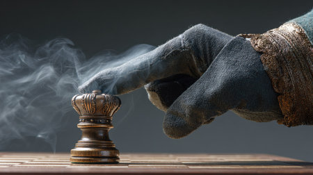 A gloved hand delicately touches a chess piece, possibly a king, with wisps of smoke emanating. The composition features a shallow depth of field, focusing on the detail and texture of the glove and piece. Soft lighting enhances the three-dimensional quality against a subtle, dark background, ideal for conceptual projects.の素材