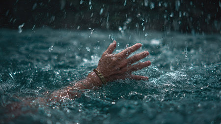 An arm extends from turbulent water, captured in a moment of struggle. The image shows a close-up with details of the hand and water. Overcast conditions create soft lighting and dark tones. Suitable for conceptual projects exploring themes of survival and crisis.の素材