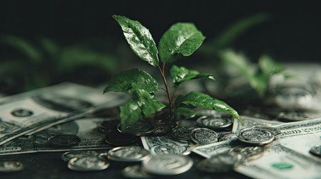 A close-up captures a vibrant green plant sprouting from a bed of currency. The composition features US dollar bills and coins, with selective focus. The lighting emphasizes the plant's texture against the money. This visual metaphor suggests concepts related to finance, investment, and growth, suitable for various commercial applications.の素材