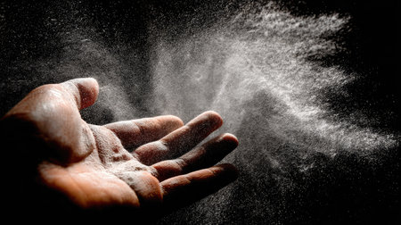 An open hand releases a cloud of fine particles against a dark backdrop. The image features high contrast with dramatic lighting emphasizing the texture and movement of the dust. This composition suggests concepts of release, creation, or transformation. Suitable for various design projects and editorial content.の素材