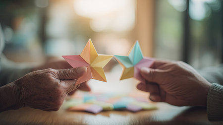 Two hands display origami stars crafted from colorful paper. The image showcases the stars against a softly blurred background, with a warm, natural lighting. The composition suggests a focused view. This image could be used for various projects needing a visual of handmade craft, creativity, or artistic endeavor.の素材