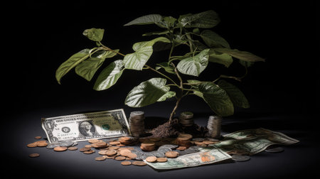 A close-up captures a plant sprouting amidst currency, including bills and coins, against a dark background. The image exhibits a high-contrast style with focused lighting, highlighting the plant's green leaves and the metallic sheen of the coins. This conceptual photograph may be suitable for illustrating financial concepts.の素材