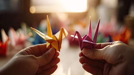 Two hands are holding paper origami cranes. The paper art is created with various bright colors. The composition is close up, focusing on the details of the folded paper and the human hands. Soft, warm lighting suggests an indoor setting, suitable for illustrating arts, crafts, or educational themes.の素材