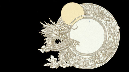 An ornate illustration showcases a detailed dragon design enveloping a circular frame. The artwork features grayscale tones, highlighting the textures and patterns of the mythical creature. The composition employs a minimalist approach, suitable for various creative applications. It is possibly for decorative designs and artistic projects.の素材