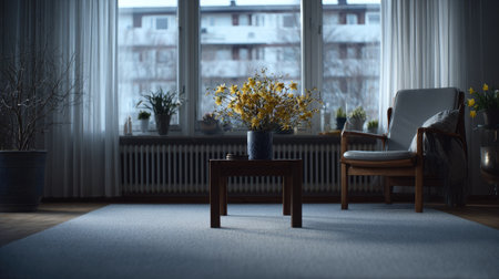 An interior space features a table adorned with a vibrant yellow floral arrangement. An armchair sits nearby, positioned by a large window. Soft, natural light illuminates the scene, casting gentle shadows across the floor. The style suggests a simple, modern design. This image could be suitable for lifestyle publications or commercial design projects.の素材